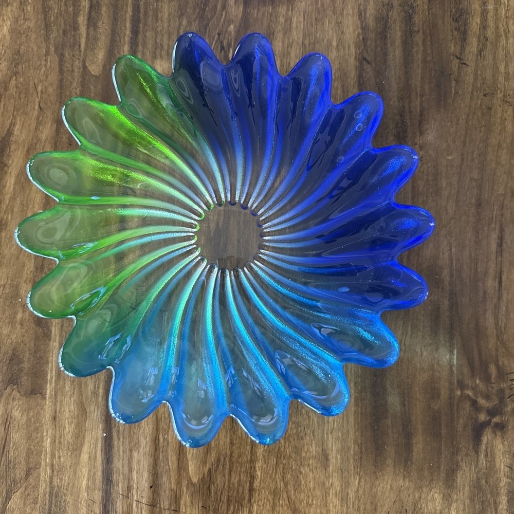 Walther Style Art Glass Swirl Flower Dish Green Blue Turquoise Glass